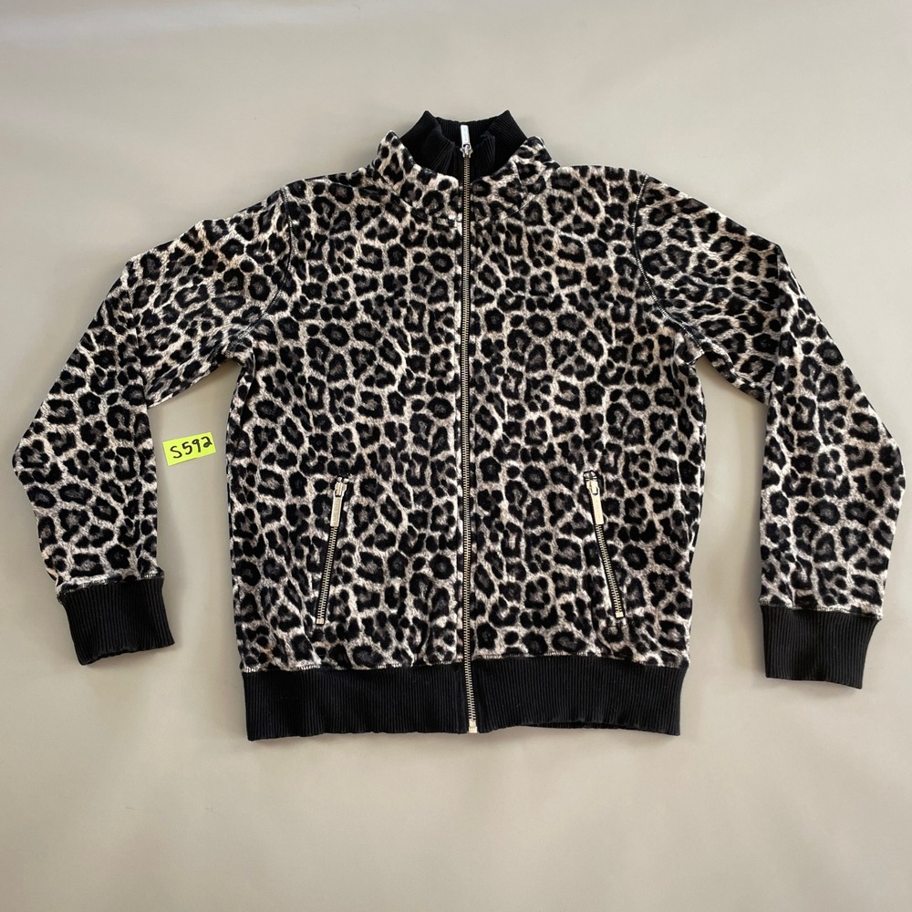 Michael Kors Leopard Print Velour Full Zip Track Jacket Gray Black Womens Medium